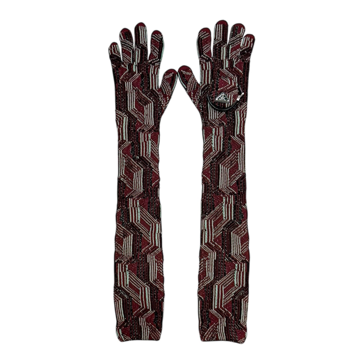 PRADA Fall Winter 2021 Long Jacquard Wool Gloves with Circle Zip Pouch