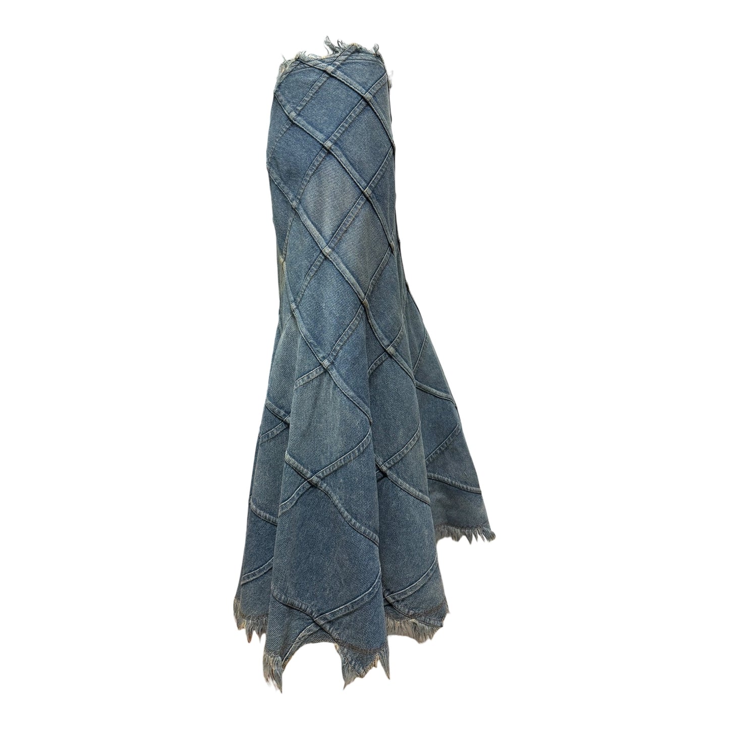 JUNYA WATANABE Spring Summer 2002 Patchwork Flared Denim Maxi Skirt with Frayed Hem