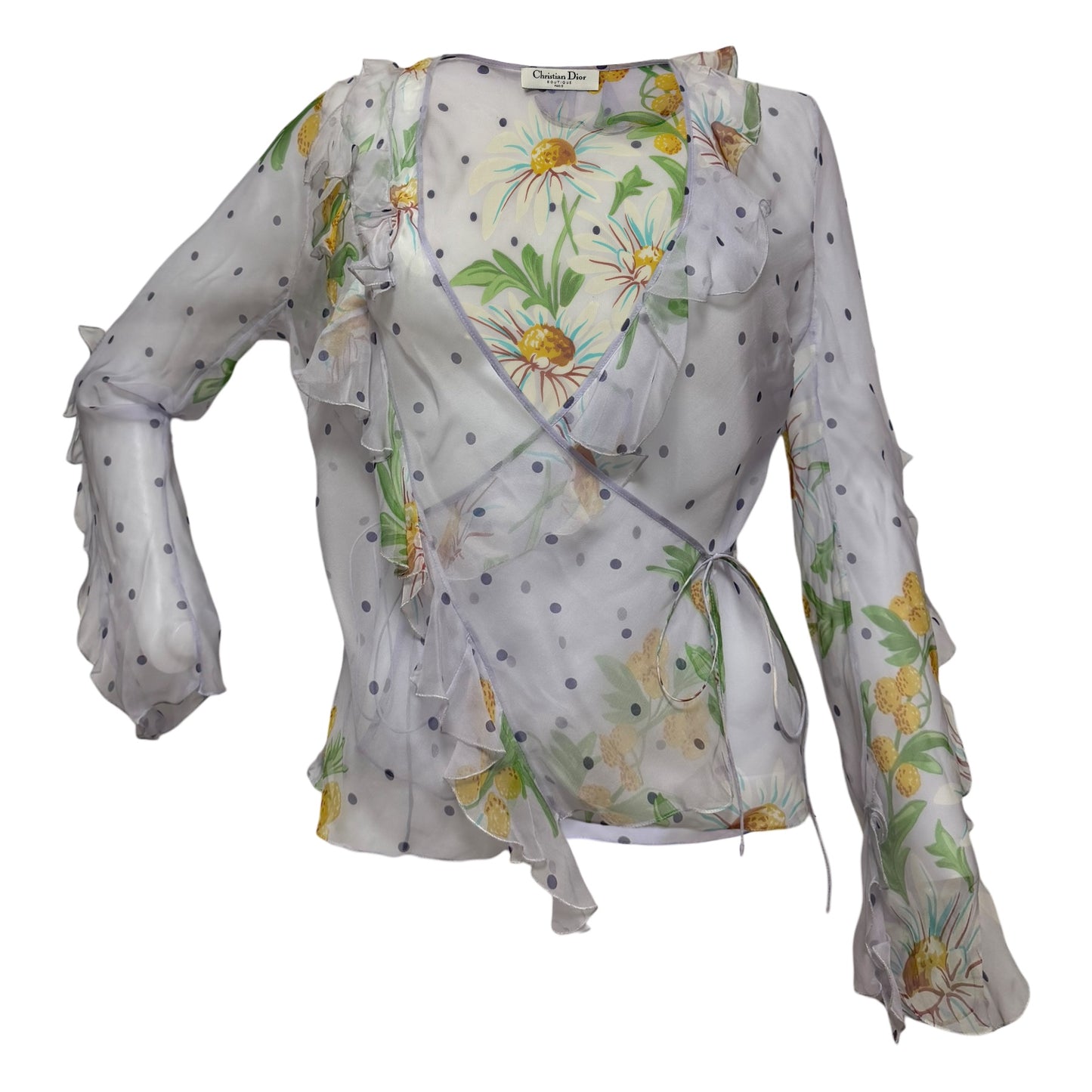CHRISTIAN DIOR Vintage Marguerite Floral & Polka Dot Silk Chiffon Wrap Blouse