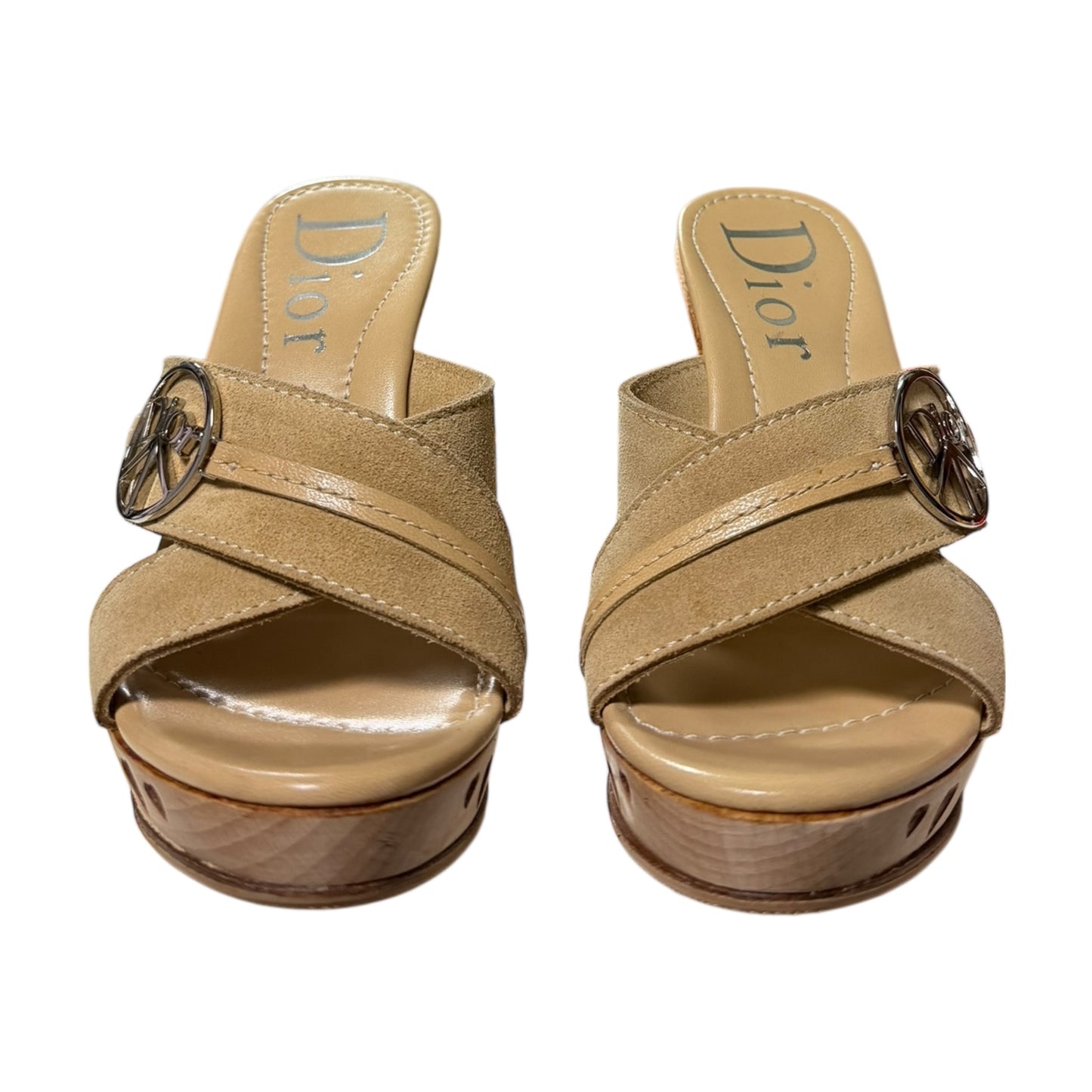 CHRISTIAN DIOR Vintage Peace & Love Suede Wooden Platform Sandals