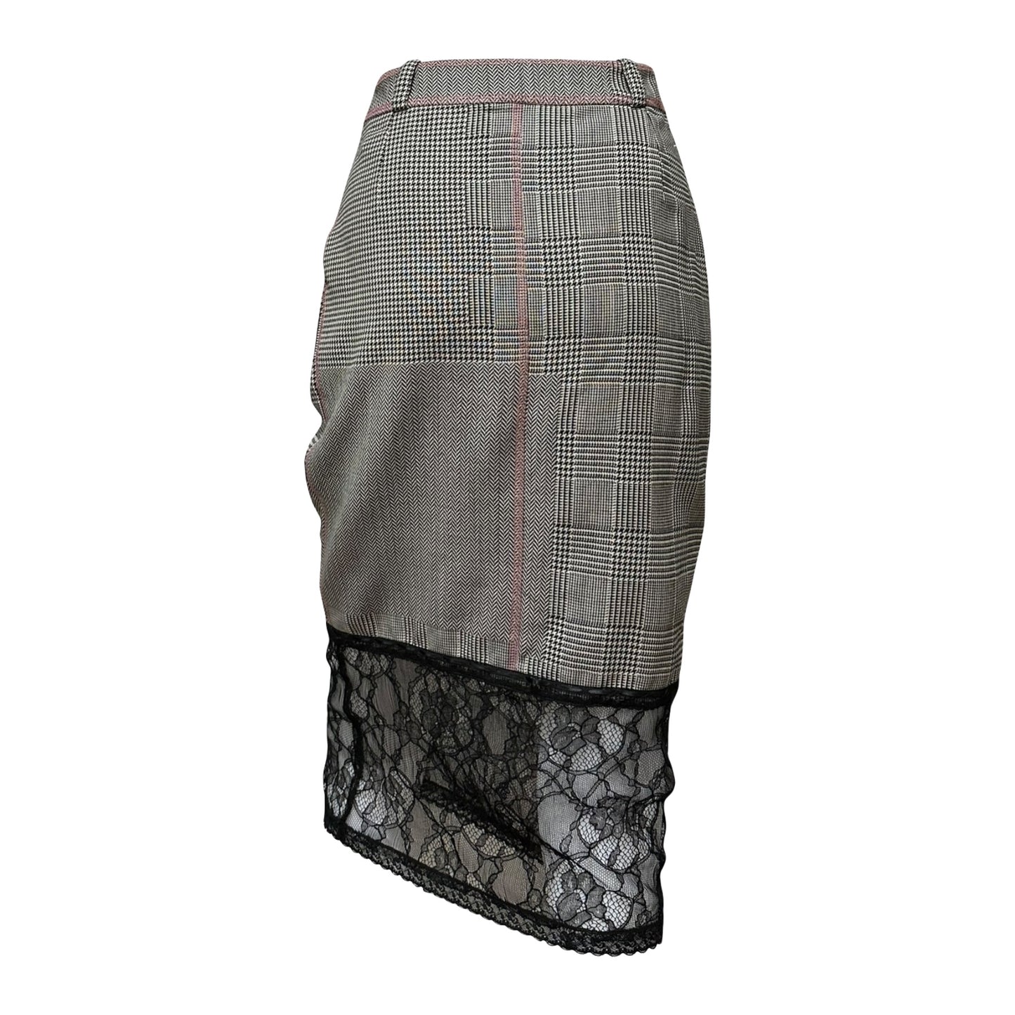 CHRISTIAN DIOR Spring Summer 2005 Houndstooth Print Lace Trim Midi Skirt