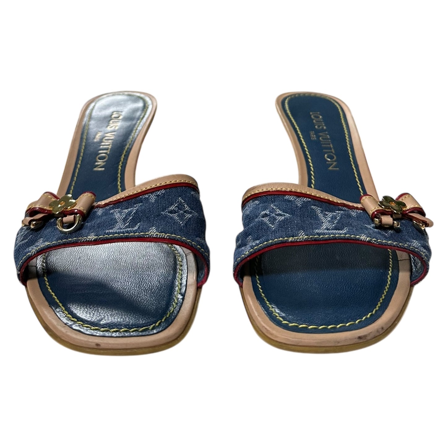 LOUIS VUITTON Monogram Denim Leather Bow Slide Sandals