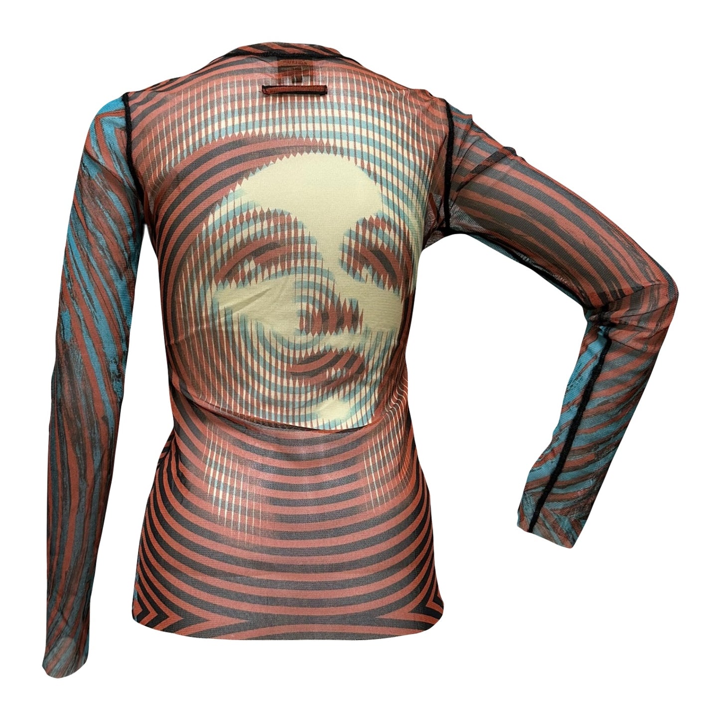 JEAN PAUL GAULTIER Fall Winter 2001 Marlene Dietrich Face Print Mesh Long Sleeve Top