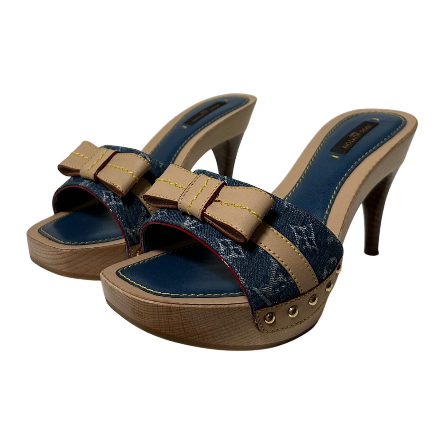 LOUIS VUITTON Monogram Denim Leather Bow Slide Platform Sandals