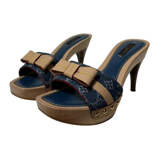 LOUIS VUITTON Monogram Denim Leather Bow Slide Platform Sandals