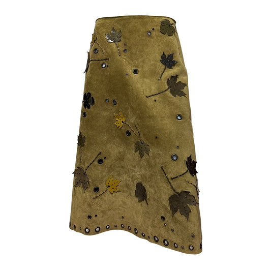 PRADA Fall Winter 1999 Appliqué Leaves Suede Midi Skirt