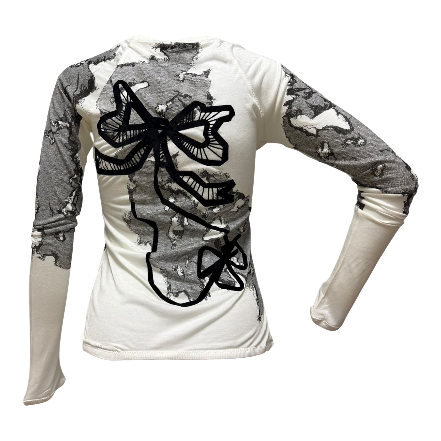 CHRISTIAN DIOR Spring Summer 2006 Lace Print Long Sleeve T-Shirt featuring Cut-Out and Ribbon Details
