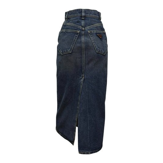 PRADA High-Waisted Denim Midi Skirt with Back Logo Plaque