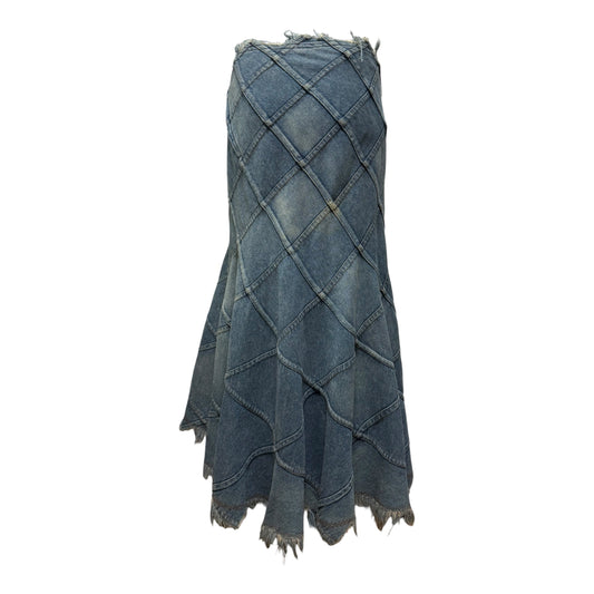 JUNYA WATANABE Spring Summer 2002 Patchwork Flared Denim Maxi Skirt with Frayed Hem