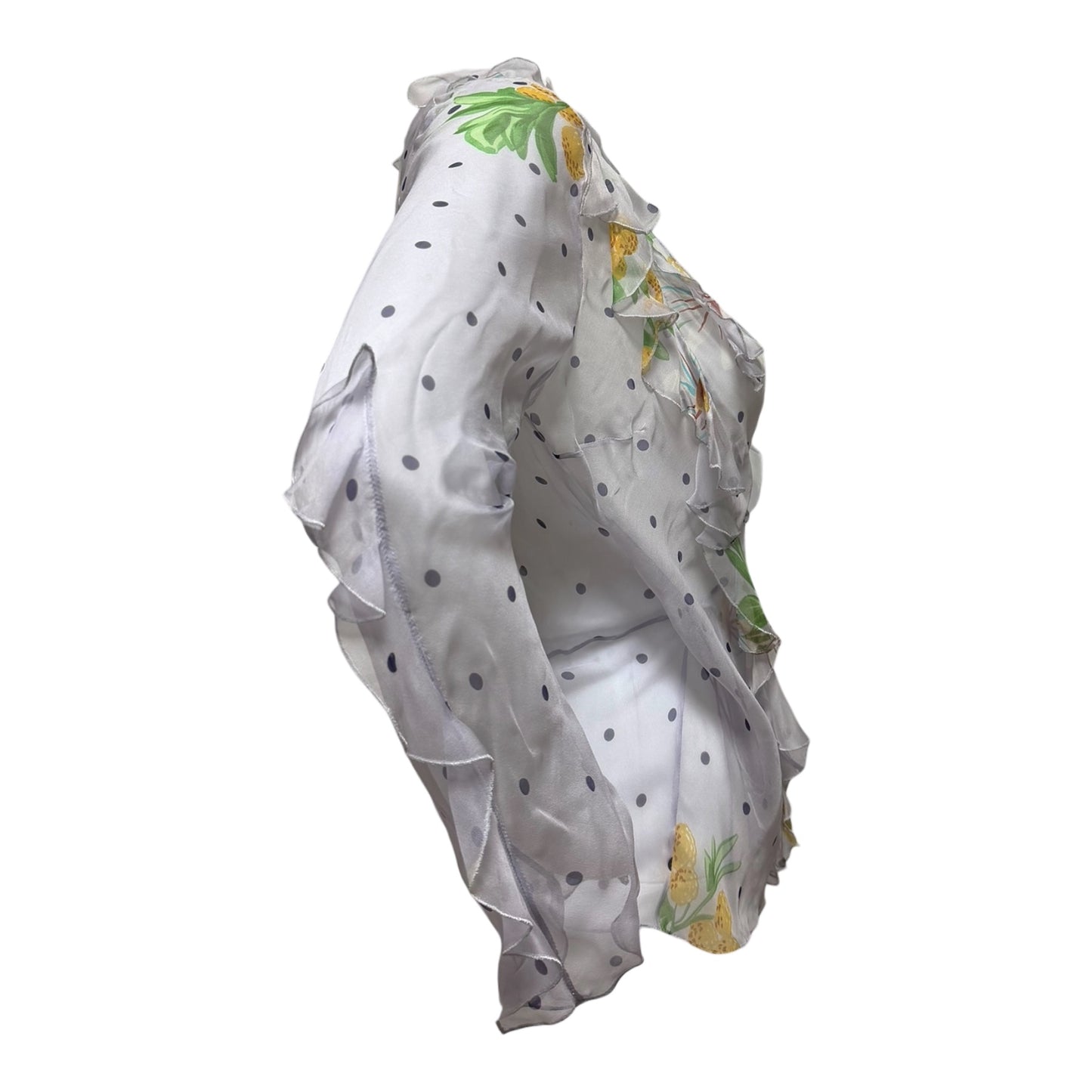 CHRISTIAN DIOR Vintage Marguerite Floral & Polka Dot Silk Chiffon Wrap Blouse