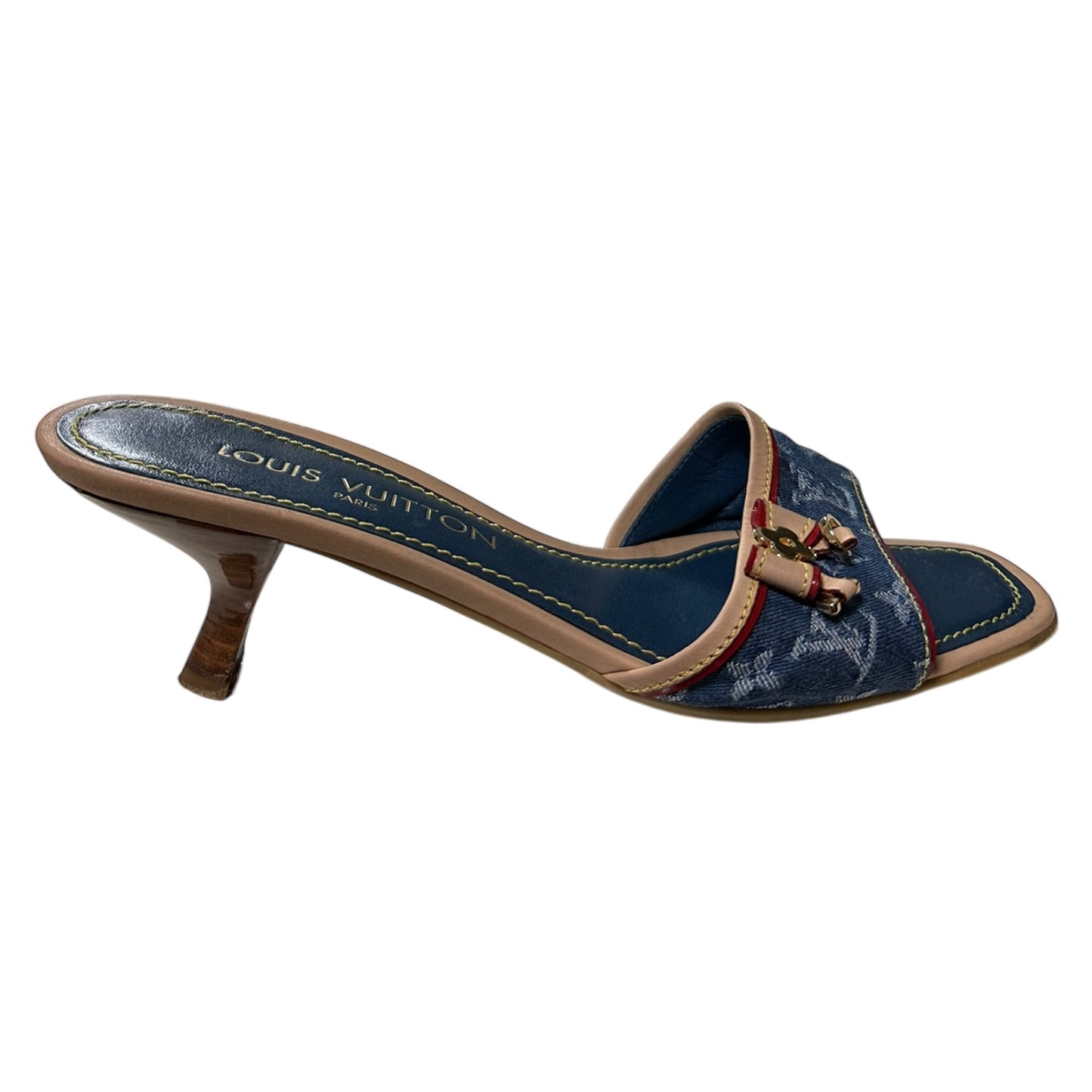 LOUIS VUITTON Monogram Denim Leather Bow Slide Sandals