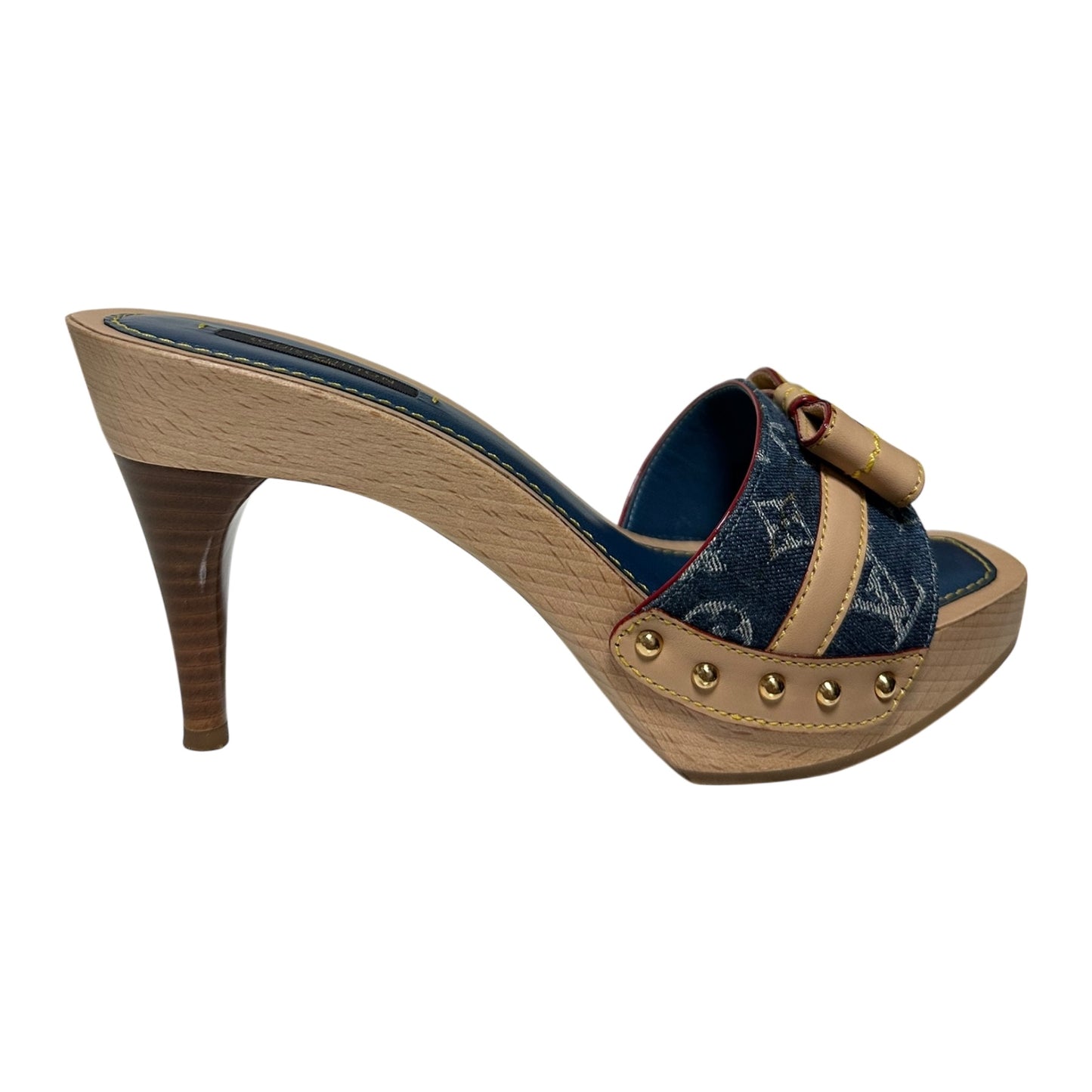 LOUIS VUITTON Monogram Denim Leather Bow Slide Platform Sandals