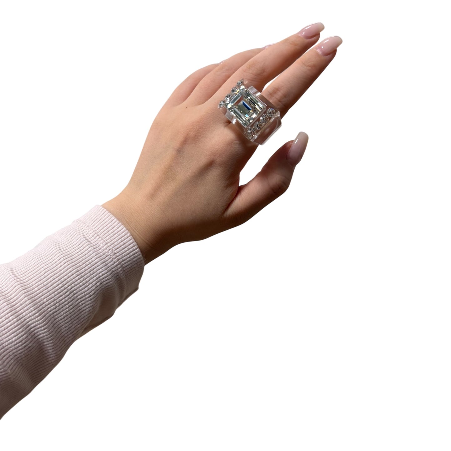 CHRISTIAN DIOR Spring Summer 2004 Lucite Cocktail Ring with Clear Crystals & Rhinestones