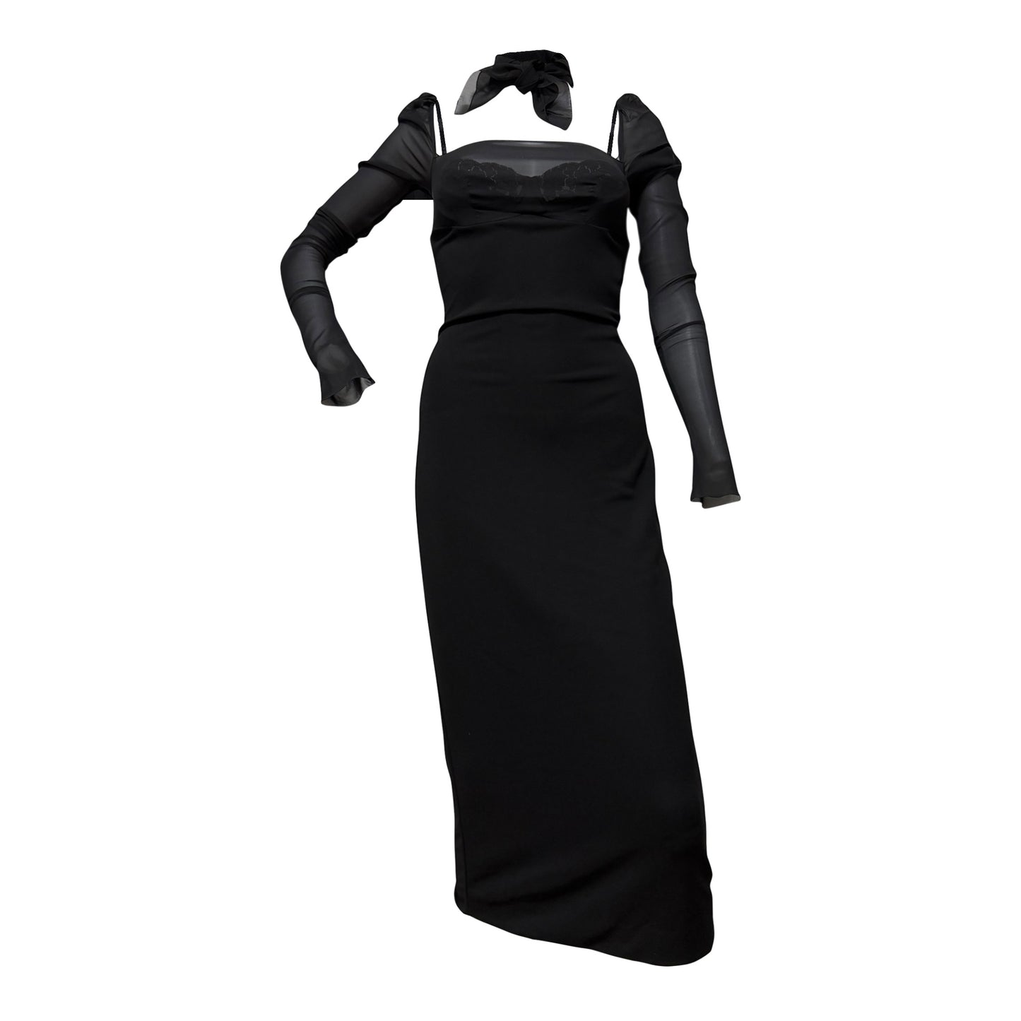 DOLCE&GABBANA Fall Winter 2001 Sheer-Sleeve Dress with Built-in Bra & Matching Scarf