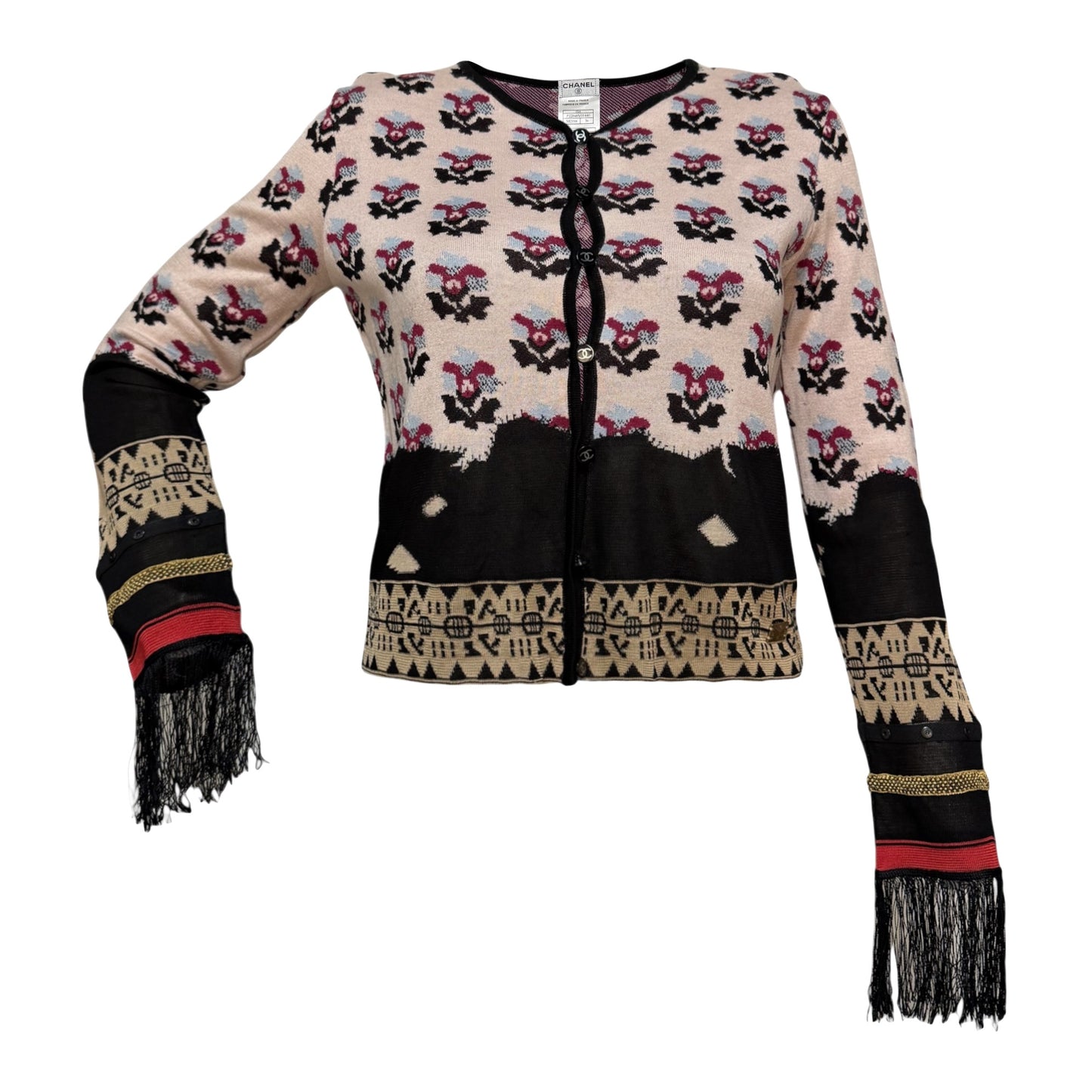 CHANEL Fall Winter 2003 Floral Motif Knit Cardigan with Fringe-Trimmed Sleeves