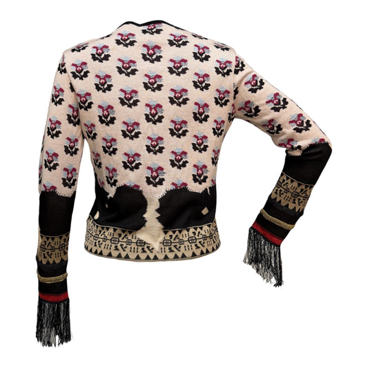 CHANEL Fall Winter 2003 Floral Motif Knit Cardigan with Fringe-Trimmed Sleeves