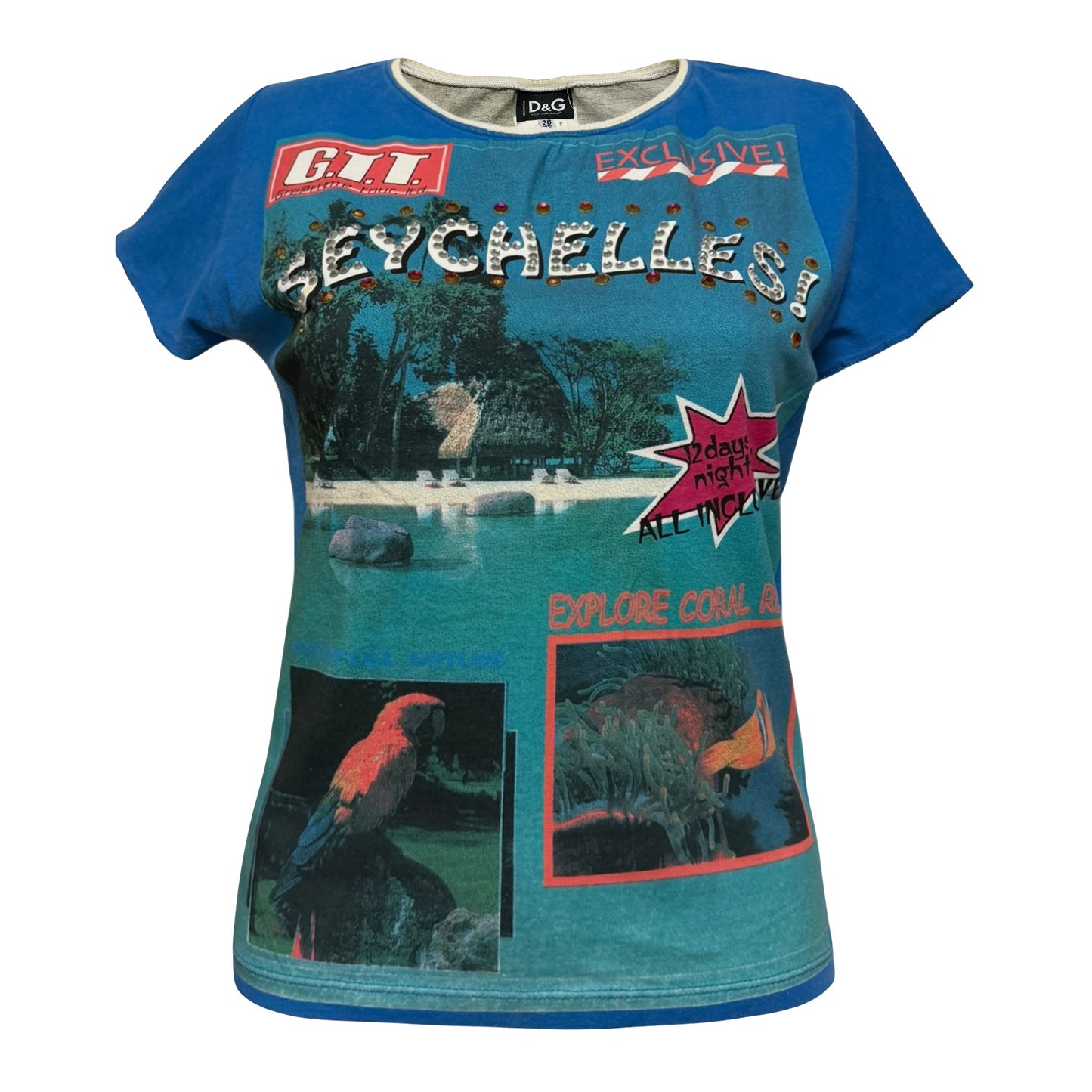D&G Vintage “SEYCHELLES!” Tropical Graphic Rhinestone T-Shirt