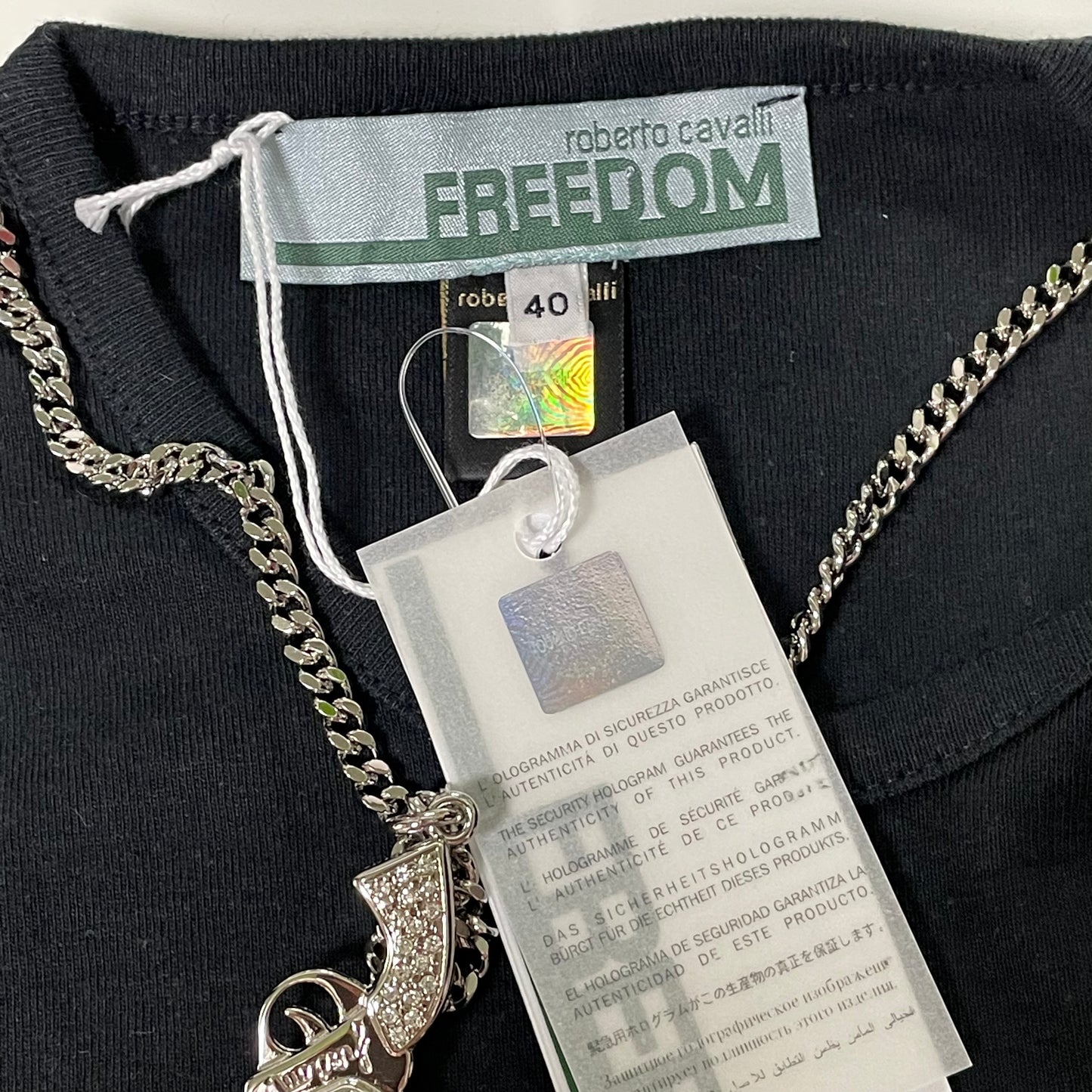 ROBERTO CAVALLI "Freedom" Logo Swarovski Embellished Pistol Chain Tank Top